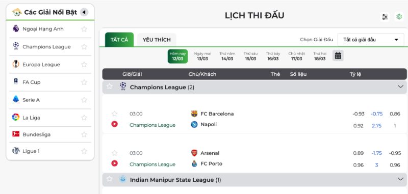 LỊCH THI ĐẤU 6 Cung cấp đa dạng giải đấu